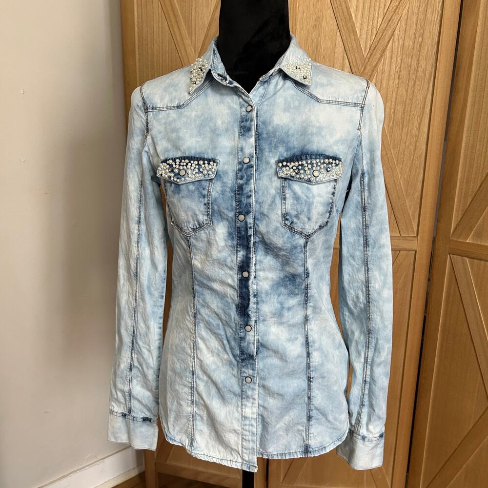 Pearl Rhinestone Button Down Faux Denim Shirt
